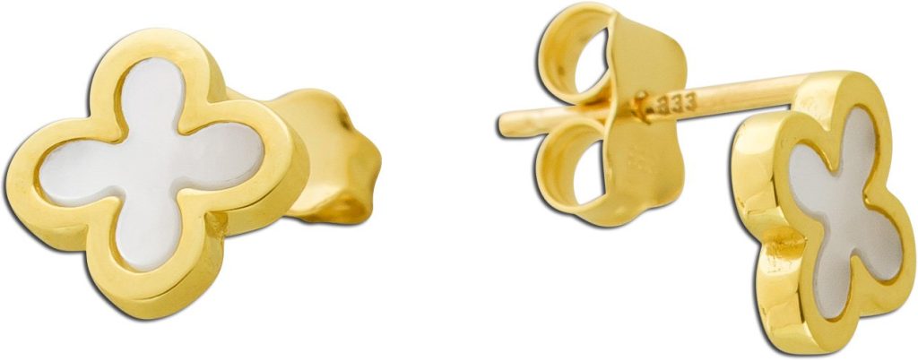 Kleeblatt Ohrstecker Gelbgold 333 8K weißer Natur Perlmutt
