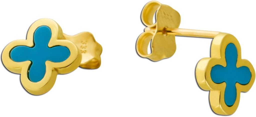Kleeblatt Ohrstecker Gelbgold 333 8K synthetischer Türkis