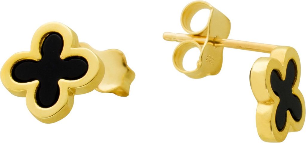 Kleeblatt Ohrstecker Gelbgold 333 8K schwarzer Natur Onyx Edelstein