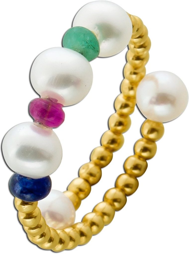 Perlenring Gold 585 14K nat. Saphir Smaragd Rubin Süßwasserzuchtperlen