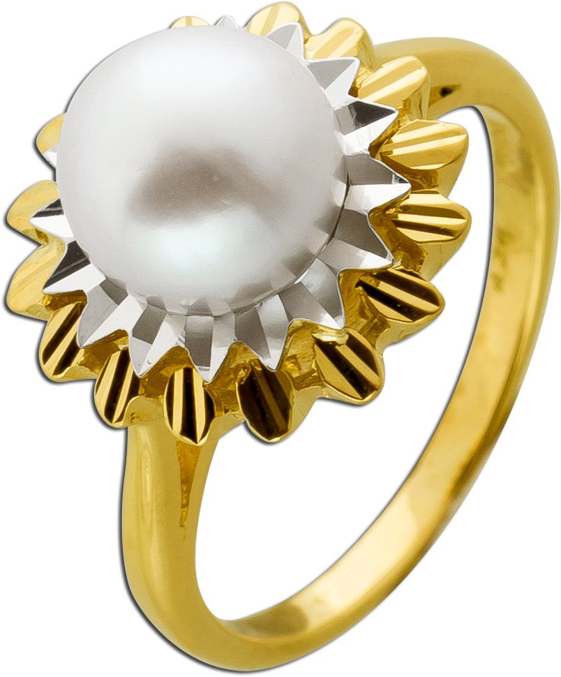 Perlenring Gold Weißgold 585 14K Akoyaperle Antikschmuck