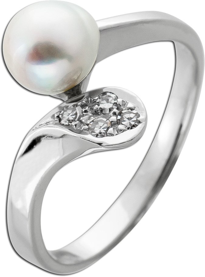 Perlenring Weißgold 585 japanische Akoyaperle 4 Diamanten 0.08ct. LP