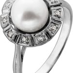 Perlenring Weißgold 585 14K Akoyaperle Diamanten Antikschmuck