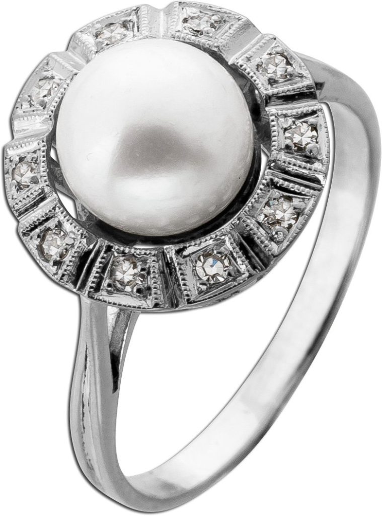 Perlenring Weißgold 585 14K Akoyaperle Diamanten Antikschmuck