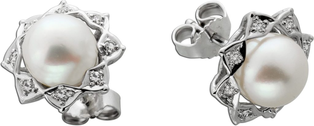 Perlen Ohrstecker Weißgold 585 14K Akoyaperlen 8mm Diamanten