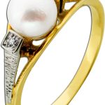 Perlenring Gold 585 Weißgold 14K Akoyaperle Diamanten Antikschmuck