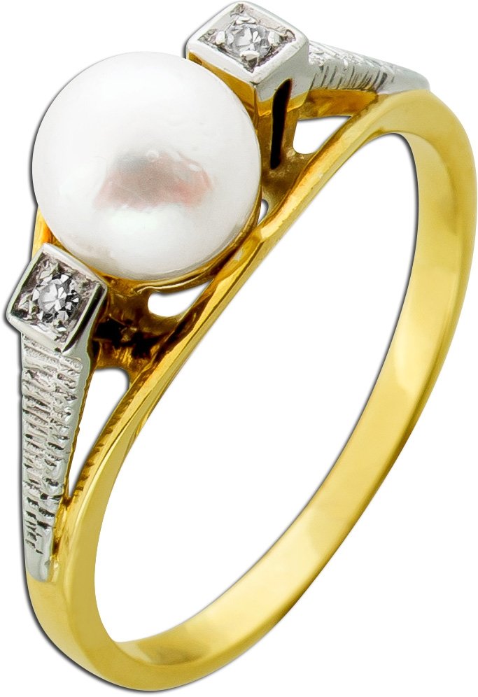 Perlenring Gold 585 Weißgold 14K Akoyaperle Diamanten Antikschmuck