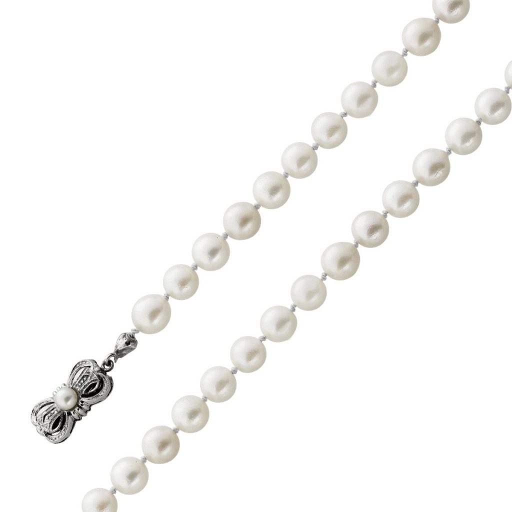 Perlenkette 98cm Weißgold 585 14K Akoyaperlen Antikschmuck