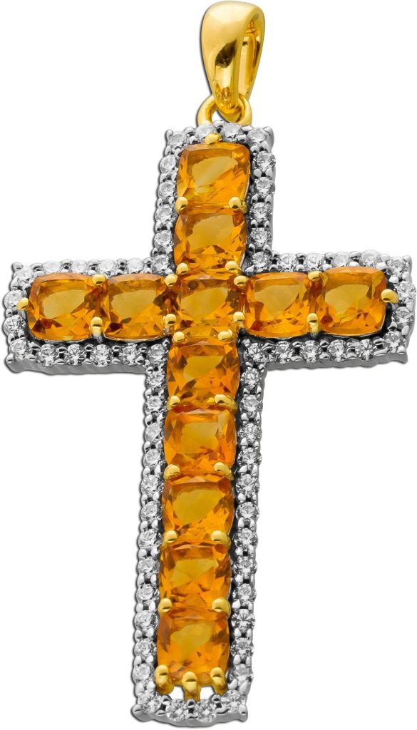 Kreuz Anhänger Silber vergoldet nat. Citrin Edelsteine 4ct weisse Zirkonia