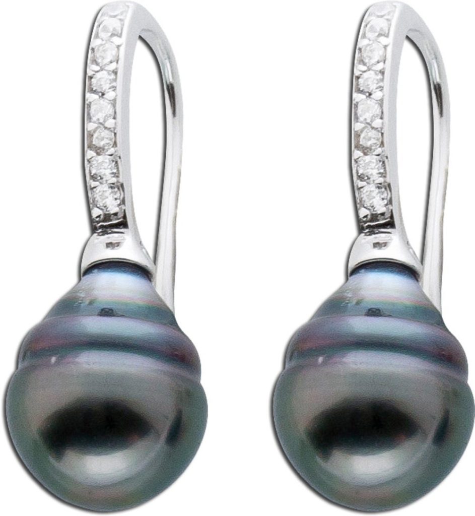 Perlen Ohrringe Silber 925 anthrazit Tahitizuchtperlen weisse Zirkonia