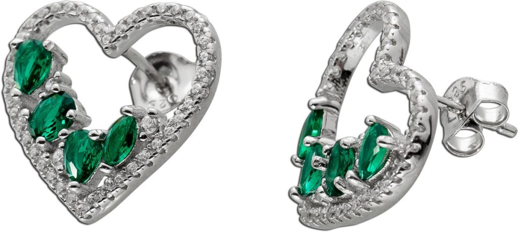 Herz Ohrstecker Silber 925 grüne weisse Zirkonia