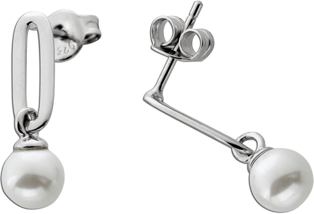 Paperclip Ohrstecker Silber 925 synthetische weiße Perlen 5.8mm
