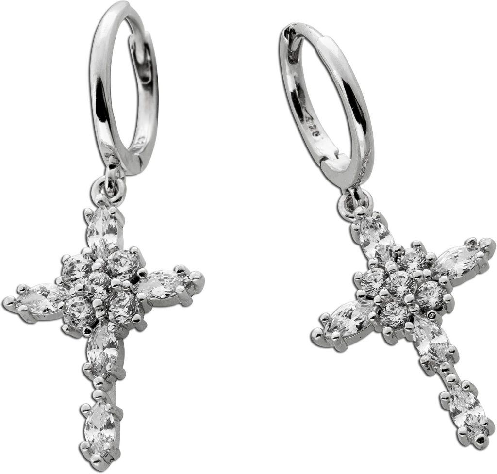 Kreuz Creolen Ohrhänger Silber 925 weiße Zirkonia Steine
