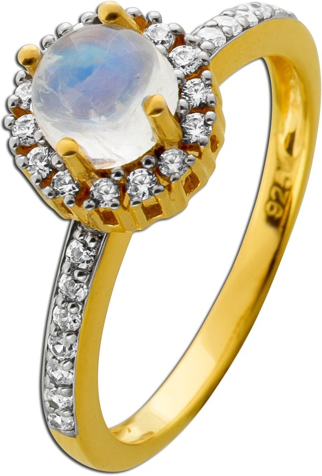 Mondstein Ring Silber vergoldet nat. Regenbogenmondstein weisse synth. Zirkonia