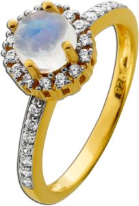 Mondstein Ring Silber vergoldet nat. Regenbogenmondstein weisse synth. Zirkonia