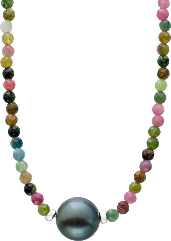 Turmalin Collier bunte Natur Edelsteine Tahitiperle Silber 925