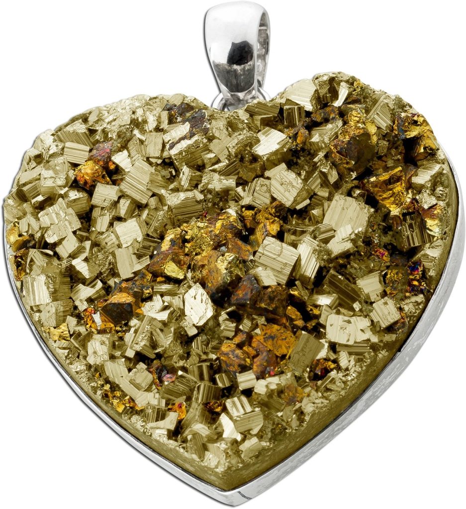 Herz Pyrit Anhänger Silber 925 gold glänzender Edelstein 100.0ct.