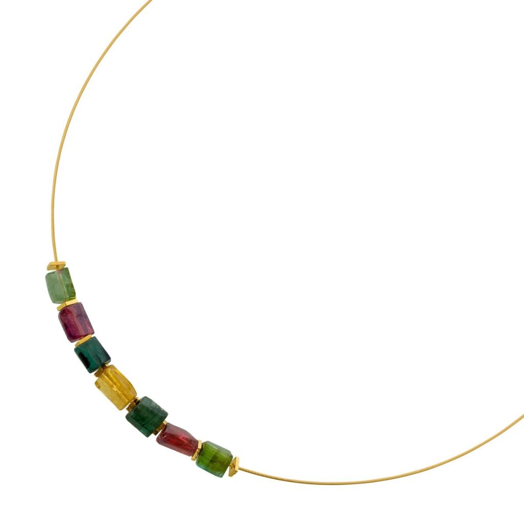 Turmalin Halsreif Gelbgold vergoldet grün pinke Natur Edelsteine
