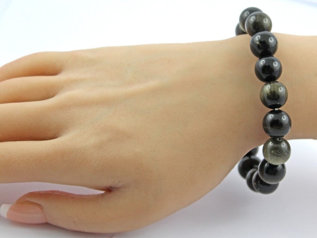 Obsidian Armband grünlich-schwarz goldene Natur Edelsteine