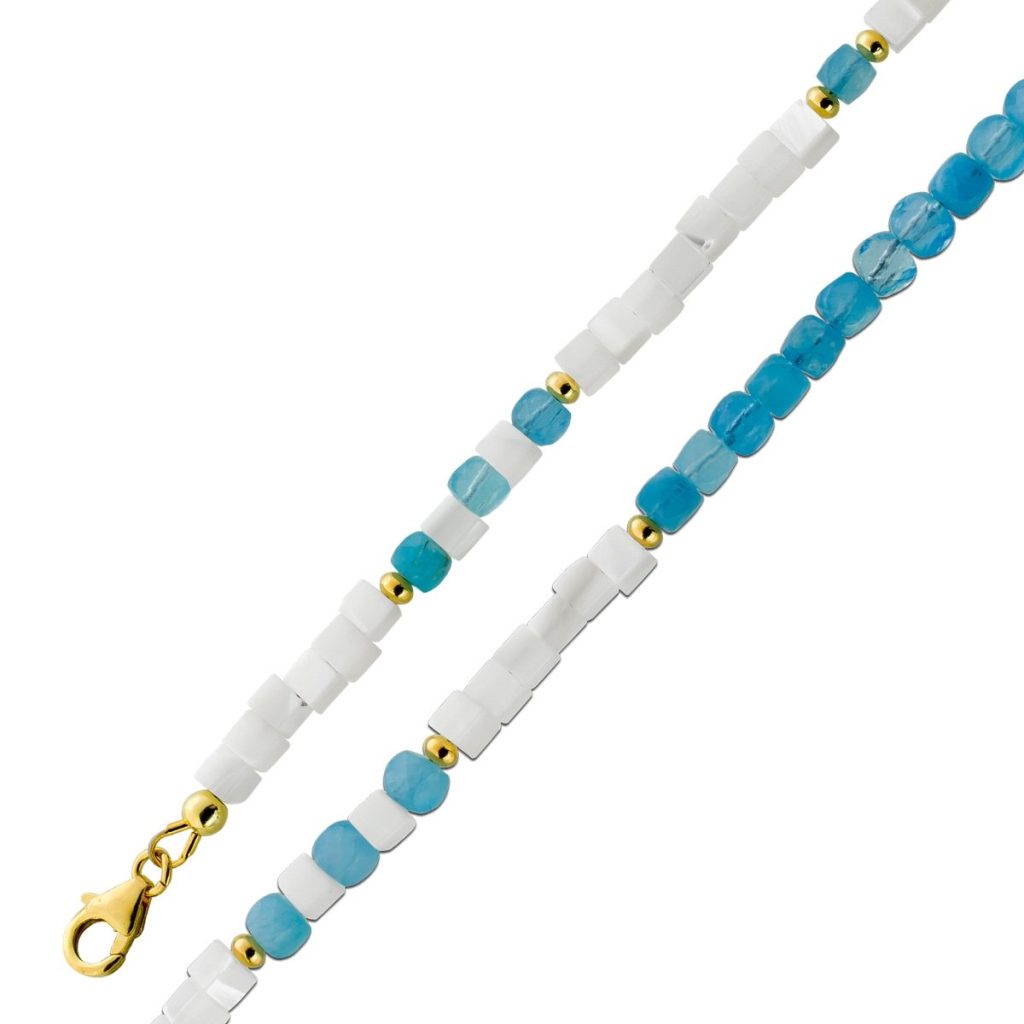 Aquamarin Kette weißer Perlmutt Natur Edelsteine Silber vergoldet